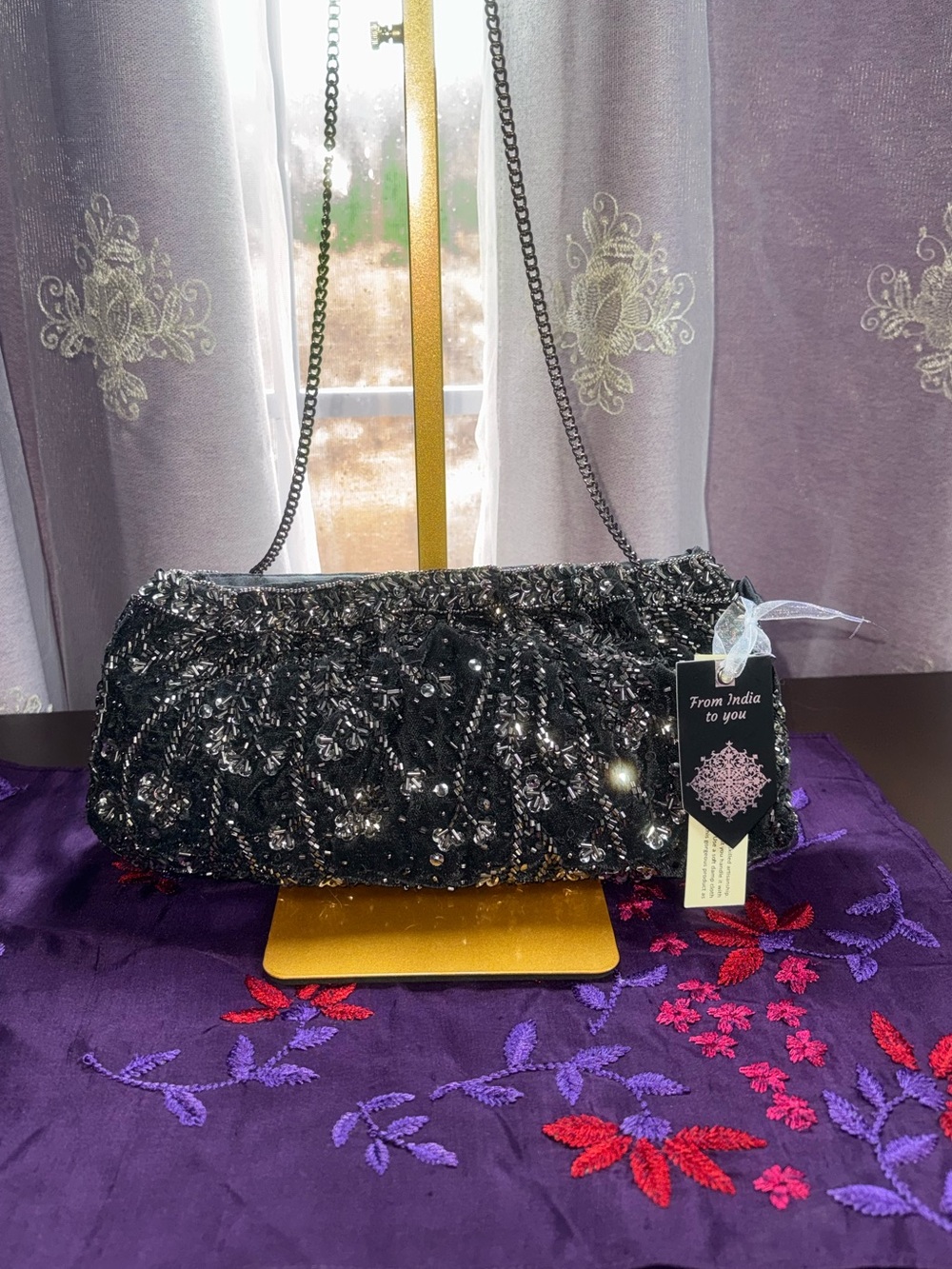 NWT From India To You Ruched Beaded Shoulder Bag - Charcoal Silver Evening Purse
